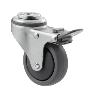 K Series castor, 65mm x 23mm TPE rubber wheel, thread guard, swivel bolt hole, total brake, Chicago screw axle, grey seal & pedal, 50 kg load rating