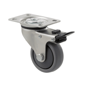 K Series castor, 65mm x 23mm TPE rubber wheel, plain bearing, swivel plate, total brake, 50 kg load rating
