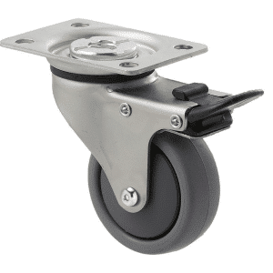 K Series castor, 65mm x 23mm TPE rubber wheel, plain bearing, swivel plate, total brake, Chicago screw axle, 50 kg load rating