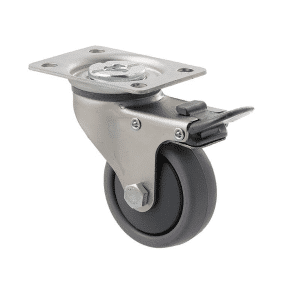 K Series castor, 65mm x 23mm TPE rubber wheel, plain bearing, swivel plate, total brake, grey seal & pedal, 50 kg load rating
