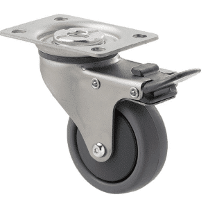 K Series castor, 65mm x 23mm TPE rubber wheel, plain bearing, swivel plate, total brake, Chicago screw axle, grey seal & pedal, 50 kg load rating