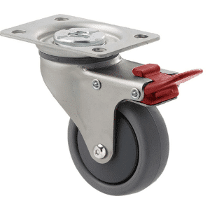 K Series castor, 65mm x 23mm TPE rubber wheel, plain bearing, swivel plate, total brake, Chicago screw axle, grey seal & red pedal, 50 kg load rating