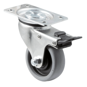 K Series castor, 65mm x 23mm TPE rubber wheel, plain bearing, swivel plate, total brake, 50 kg load rating