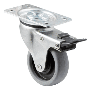 K Series castor, 65mm x 23mm TPE rubber wheel, plain bearing, swivel plate, total brake, Chicago screw axle, 50 kg load rating