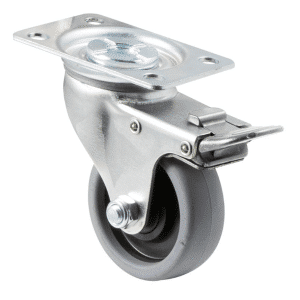 K Series castor, 65mm x 23mm TPE rubber wheel, plain bearing, swivel plate, total brake, grey seal & pedal, 50 kg load rating