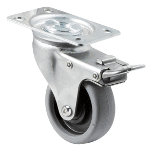 K Series castor, 65mm x 23mm TPE rubber wheel, plain bearing, swivel plate, total brake, Chicago screw axle, grey seal & pedal, 50 kg load rating