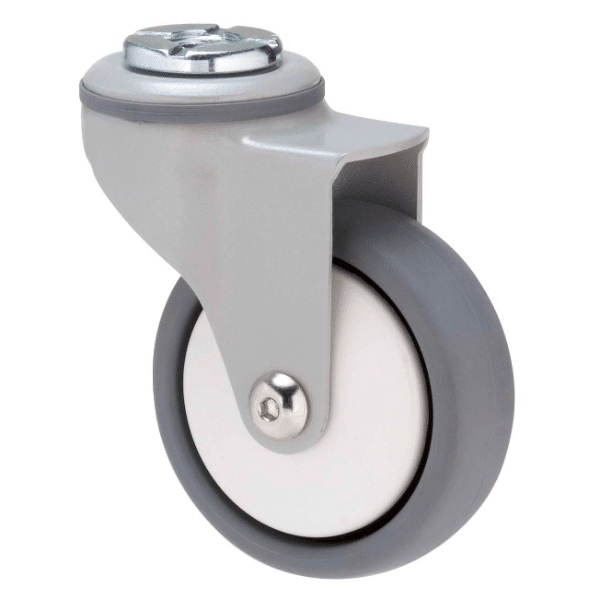 K Series castor, 75mm x 28mm TPE rubber wheel, thread guard, swivel bolt hole, white powder-coat, 50 kg load rating 1 K Series castor, 75mm x 28mm TPE rubber wheel, thread guard, swivel bolt hole, white powder-coat, 50 kg load rating