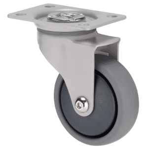 K Series castor, 75mm x 28mm TPE rubber wheel, thread guard, swivel plate, graphite powder-coat, 50 kg load rating