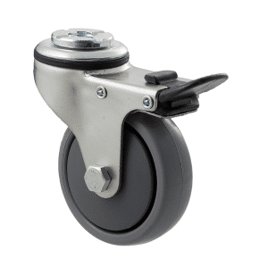 K Series castor, 75mm x 28mm x 23mm TPE rubber wheel, thread guard, swivel bolt hole, total brake, 50 kg load rating