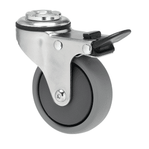 K Series castor, 75mm x 28mm x 23mm TPE rubber wheel, thread guard, swivel bolt hole, total brake, Chicago screw axle, 50 kg load rating