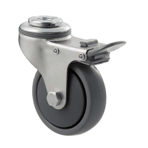 K Series castor, 75mm x 28mm x 23mm TPE rubber wheel, thread guard, swivel bolt hole, total brake, grey seal & pedal, 50 kg load rating