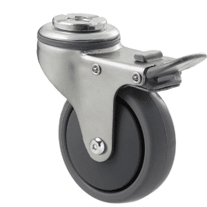 K Series castor, 75mm x 28mm x 23mm TPE rubber wheel, thread guard, swivel bolt hole, total brake, Chicago screw axle, grey seal & pedal, 50 kg load rating