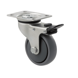 K Series castor, 75mm x 28mm x 23mm TPE rubber wheel, thread guard, swivel plate, total brake, 50 kg load rating