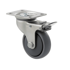 K Series castor, 75mm x 28mm x 23mm TPE rubber wheel, thread guard, swivel plate, total brake, grey seal & pedal, 50 kg load rating