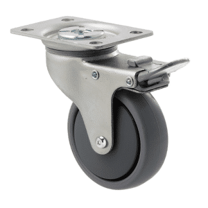K Series castor, 75mm x 28mm x 23mm TPE rubber wheel, thread guard, swivel plate, total brake, Chicago screw axle, grey seal & pedal, 50 kg load rating