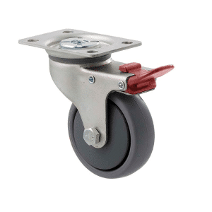 K Series castor, 75mm x 28mm x 23mm TPE rubber wheel, thread guard, swivel plate, total brake, grey seal & red pedal, 50 kg load rating