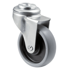 K Series castor, 75mm x 28mm x 23mm TPE rubber wheel, plain bearing, swivel bolt hole, grey seal, Chicago screw axle, 50 kg load rating