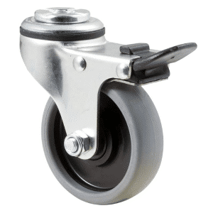 K Series castor, 75mm x 28mm x 23mm TPE rubber wheel, plain bearing, swivel bolt hole, total brake, 50 kg load rating