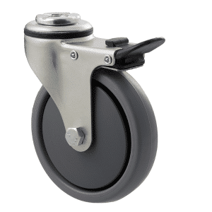 K Series castor, 100mm x 23mm TPE rubber wheel, thread guard, swivel bolt hole, total brake, 50 kg load rating