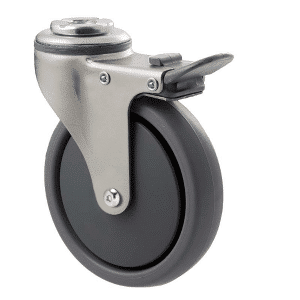K Series castor, 100mm x 23mm TPE rubber wheel, thread guard, swivel bolt hole, total brake, Chicago screw axle, grey seal & pedal, 50 kg load rating