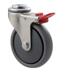 K Series castor, 100mm x 23mm TPE rubber wheel, thread guard, swivel bolt hole, total brake, grey seal & red pedal, 50 kg load rating