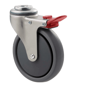 K Series castor, 100mm x 23mm TPE rubber wheel, thread guard, swivel bolt hole, total brake, Chicago screw axle, grey seal & red pedal, 50 kg load rating