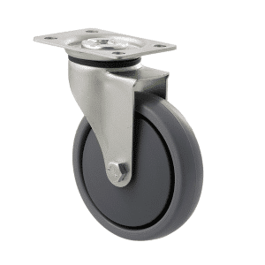 K Series castor, 100mm x 23mm TPE rubber wheel, precision bearing, thread guard, swivel plate, 50 kg load rating
