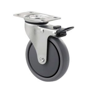 K Series castor, 100mm x 23mm TPE rubber wheel, thread guard, swivel plate, total brake, zinc, Chicago screw axle, 50 kg load rating