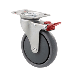 K Series castor, 100mm x 23mm TPE rubber wheel, thread guard, swivel plate, total brake, zinc, Chicago screw axle, grey seal & red pedal, 50 kg load rating