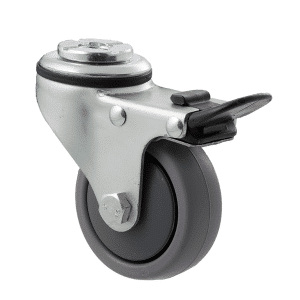 K Series castor, 65mm x 23mm TPE rubber wheel, thread guard, swivel bolt hole, total brake, 50 kg load rating