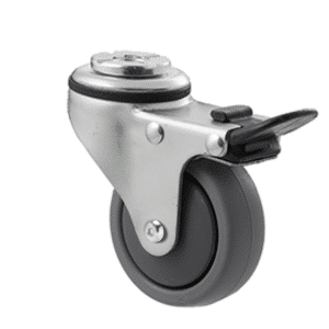 K Series castor, 65mm x 23mm TPE rubber wheel, thread guard, swivel bolt hole, total brake, Chicago screw axle, 50 kg load rating