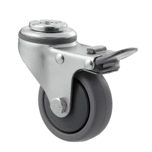 K Series castor, 65mm x 23mm TPE rubber wheel, thread guard, swivel bolt hole, total brake, grey seal & pedal, 50 kg load rating