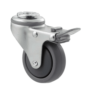 K Series castor, 65mm x 23mm TPE rubber wheel, thread guard, swivel bolt hole, total brake, Chicago screw axle, grey seal & pedal, 50 kg load rating
