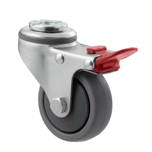 K Series castor, 65mm x 23mm TPE rubber wheel, thread guard, swivel bolt hole, total brake, grey seal & red pedal, 50 kg load rating