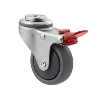 K Series castor, 65mm x 23mm TPE rubber wheel, thread guard, swivel bolt hole, total brake, Chicago screw axle, grey seal & red pedal, 50 kg load rating