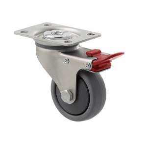 K Series castor, 65mm x 23mm TPE rubber wheel, thread guard, swivel plate, total brake, zinc, grey seal & red pedal, 50 kg load rating
