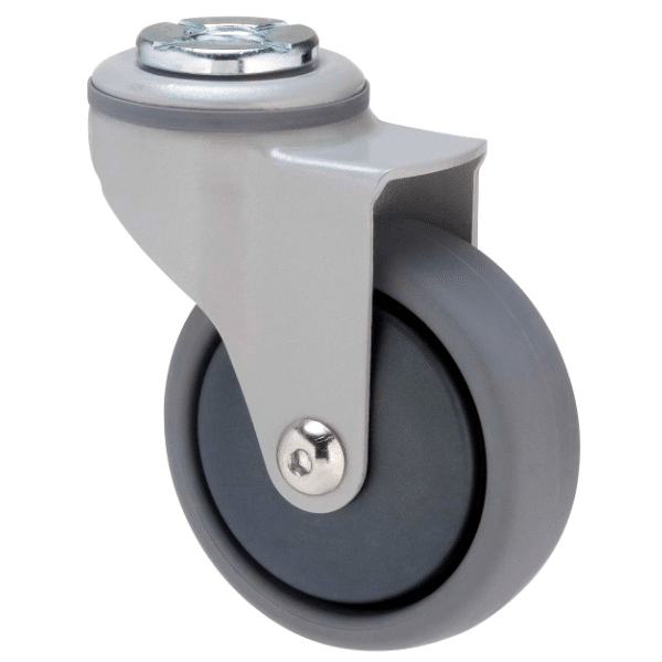 Arc K Series decorative castor, 75mm diameter x 28mm wide grey TPE wheel, thread guard, swivel bolt hole graphite powder- coat fork, 50kg load rating 1 Arc K Series decorative castor, 75mm diameter x 28mm wide grey TPE wheel, thread guard, swivel bolt hole graphite powder- coat fork, 50kg load rating