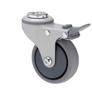 Arc K Series decorative castor, 75mm x 28mm TPE rubber wheel, thread guard, swivel bolt hole, brake, graphite powder-coat, 50 kg load rating