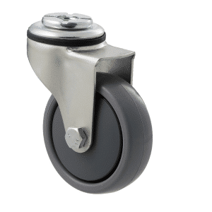 K Series castor, 75mm x 28mm x 23mm TPE rubber wheel, thread guard, swivel bolt hole, precision bearing, 50 kg load rating
