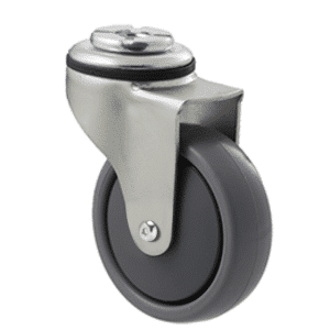 K Series castor, 75mm x 28mm x 23mm TPE rubber wheel, thread guard, swivel bolt hole, precision bearing, Chicago screw axle, 50 kg load rating