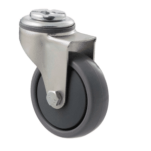 K Series castor, 75mm x 28mm x 23mm TPE rubber wheel, thread guard, swivel bolt hole, precision bearing, grey seal, 50 kg load rating