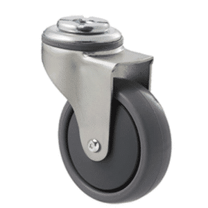K Series castor, 75mm x 28mm x 23mm TPE rubber wheel, thread guard, swivel bolt hole, precision bearing, Chicago screw axle, grey seal, 50 kg load rating