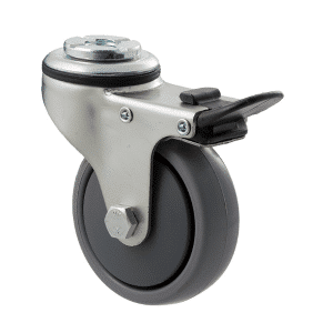 K Series castor, 75mm x 28mm x 23mm TPE rubber wheel, thread guard, swivel bolt hole, total brake, 50 kg load rating