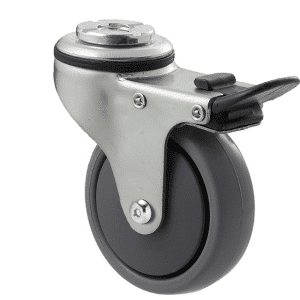 K Series castor, 75mm x 28mm x 23mm TPE rubber wheel, thread guard, swivel bolt hole, total brake, Chicago screw axle, 50 kg load rating