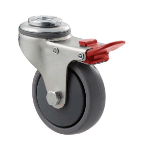 K Series castor, 75mm x 28mm x 23mm TPE rubber wheel, thread guard, swivel bolt hole, total brake, grey seal & red pedal, 50 kg load rating