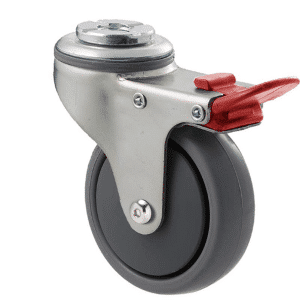 K Series castor, 75mm x 28mm x 23mm TPE rubber wheel, thread guard, swivel bolt hole, total brake, Chicago screw axle, grey seal & red pedal, 50 kg load rating