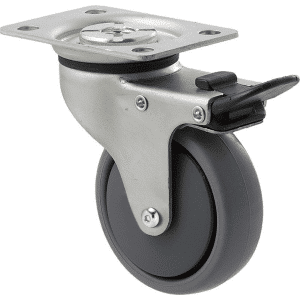 K Series castor, 75mm x 28mm x 23mm TPE rubber wheel, thread guard, swivel plate, total brake, Chicago screw axle, 50 kg load rating