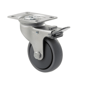 K Series castor, 75mm x 28mm x 23mm TPE rubber wheel, thread guard, swivel plate, total brake, grey seal & pedal, 50 kg load rating