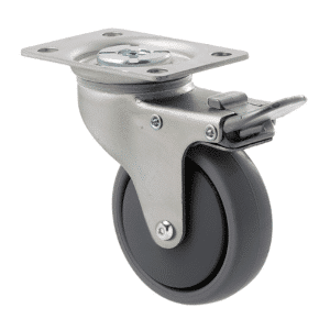K Series castor, 75mm x 28mm x 23mm TPE rubber wheel, thread guard, swivel plate, total brake, Chicago screw axle, grey seal & pedal, 50 kg load rating