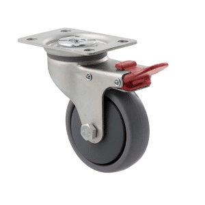 K Series castor, 75mm x 28mm x 23mm TPE rubber wheel, thread guard, swivel plate, total brake, grey seal & red pedal, 50 kg load rating